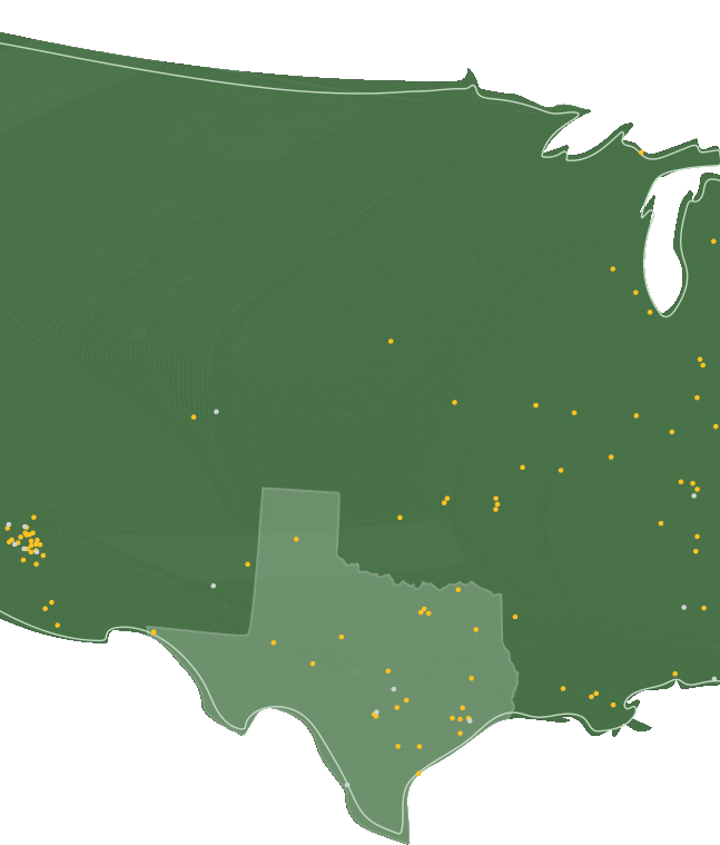 Map of The United States illustrating bee colonies protected across Texas.